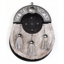 Sporran - bovine fur, embossed leather medallion chrome cantle- Gaelic Themes