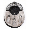 Sporran - bovine fur, embossed leather medallion chrome cantle- Gaelic Themes